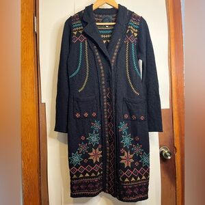 Biya Johnny Was Women’s Size Small Embroidered Black Cotton Duster Cardigan